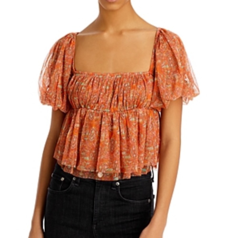 NWOT-Free People Penelope Tee Peach Combo Square Neck Blouse - Picture 11 of 16